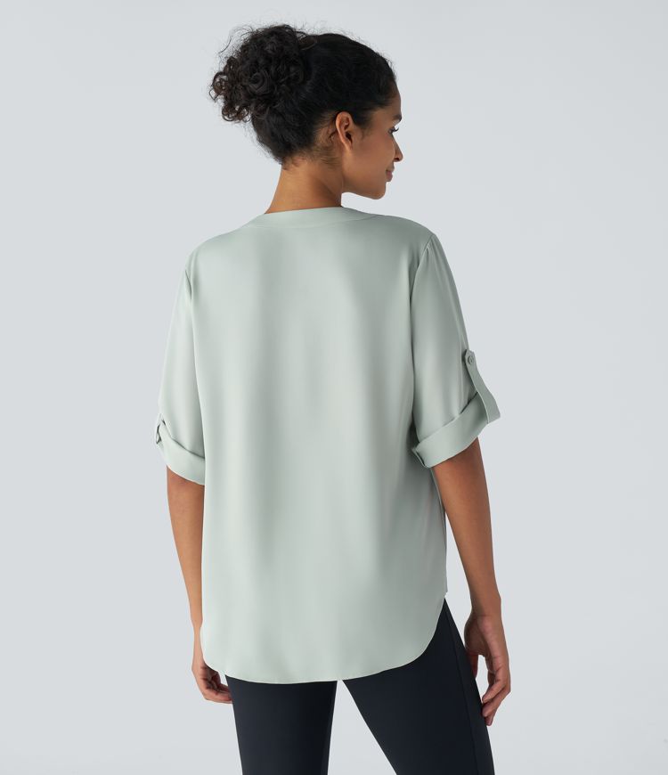 Chemise Travail à Col en V Boutonnée Manches Trois Quarts et Ourlet Courbé