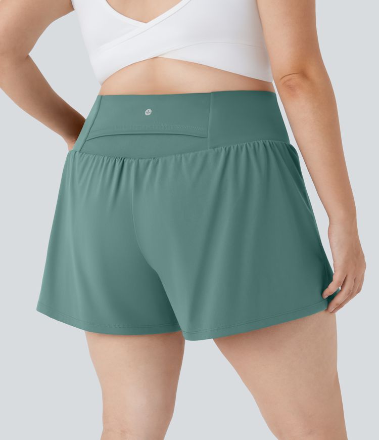 Super High Waisted Back Pocket & Side Hidden Pocket 2-in-1 Yoga Plus Size Shorts 4''-Longer Length