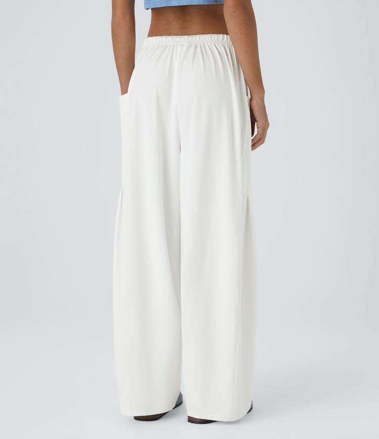 Mid Rise Elastic Waistband Drawstring Side Pocket Palazzo Flowy Wide Leg Casual Pants