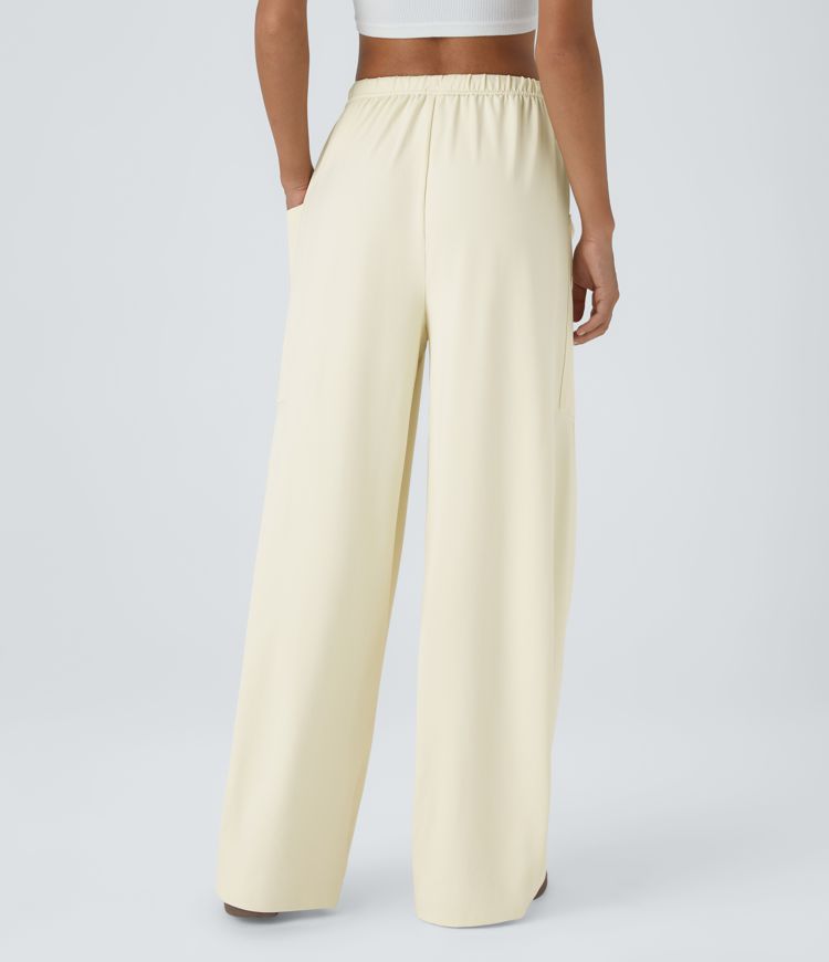 Mid Rise Elastic Waistband Drawstring Side Pocket Palazzo Flowy Wide Leg Casual Pants
