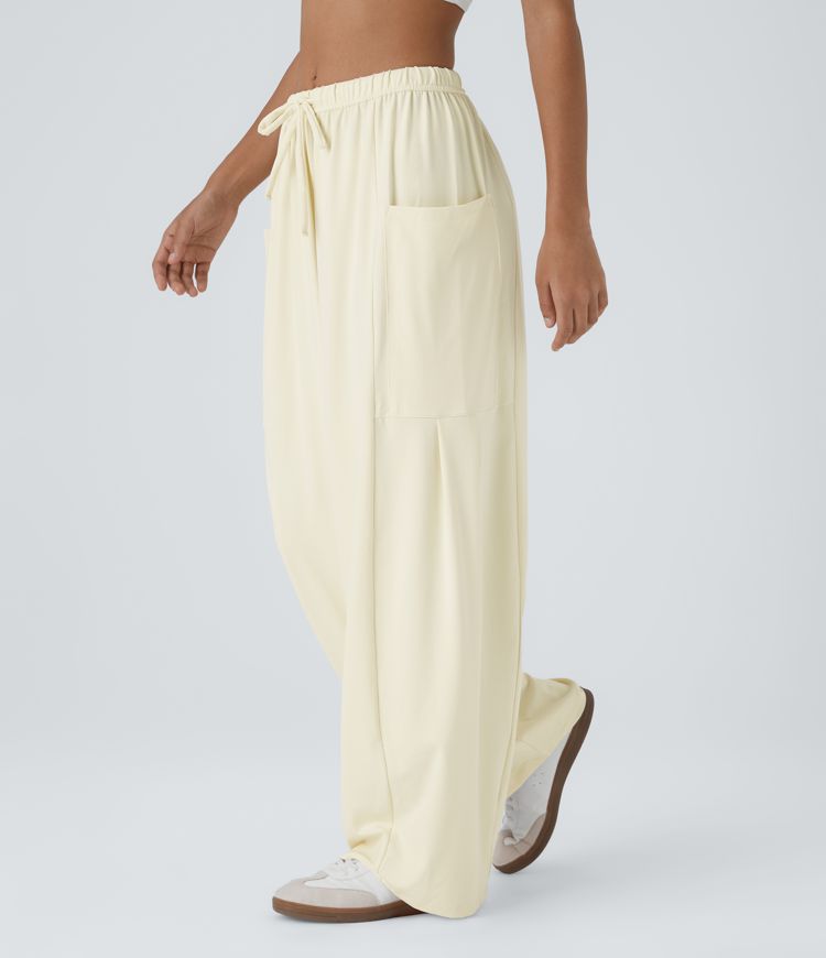 Mid Rise Elastic Waistband Drawstring Side Pocket Palazzo Flowy Wide Leg Casual Pants