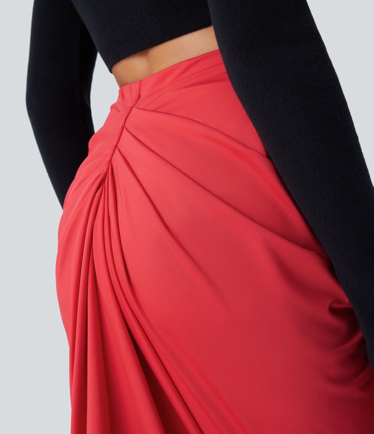 High Waist Ruched Split 2-in-1 Midi Party Skirt