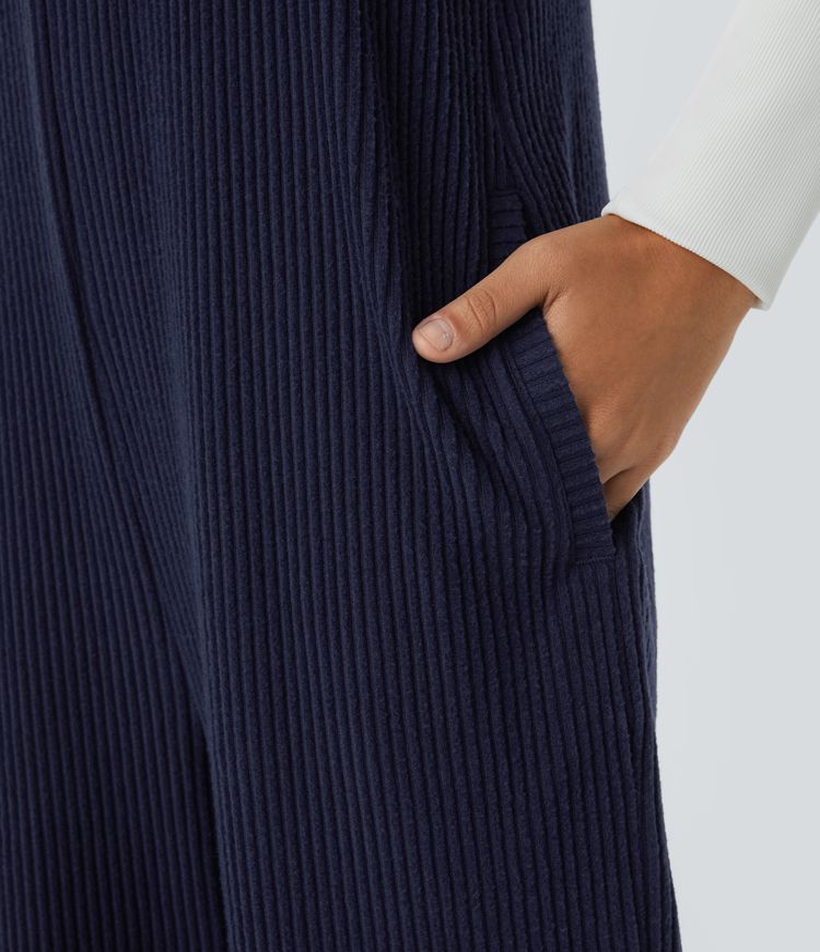 Ribbed Knit Adjustable Strap Button Side Pocket Casual Dungarees