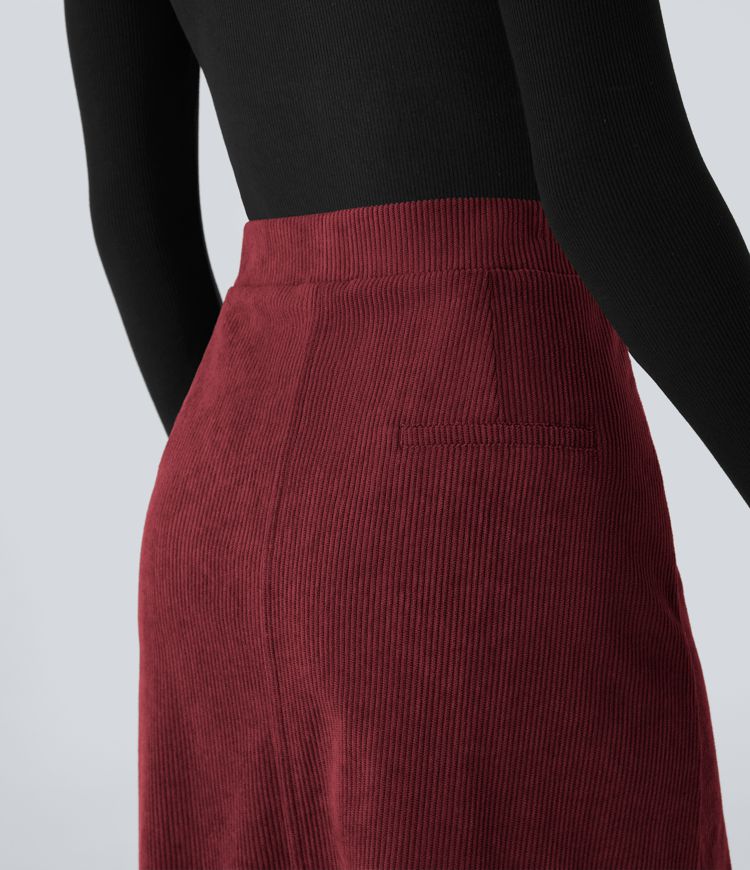 Mid Rise Front Side Flap Pocket Midi Corduroy Casual Skirt