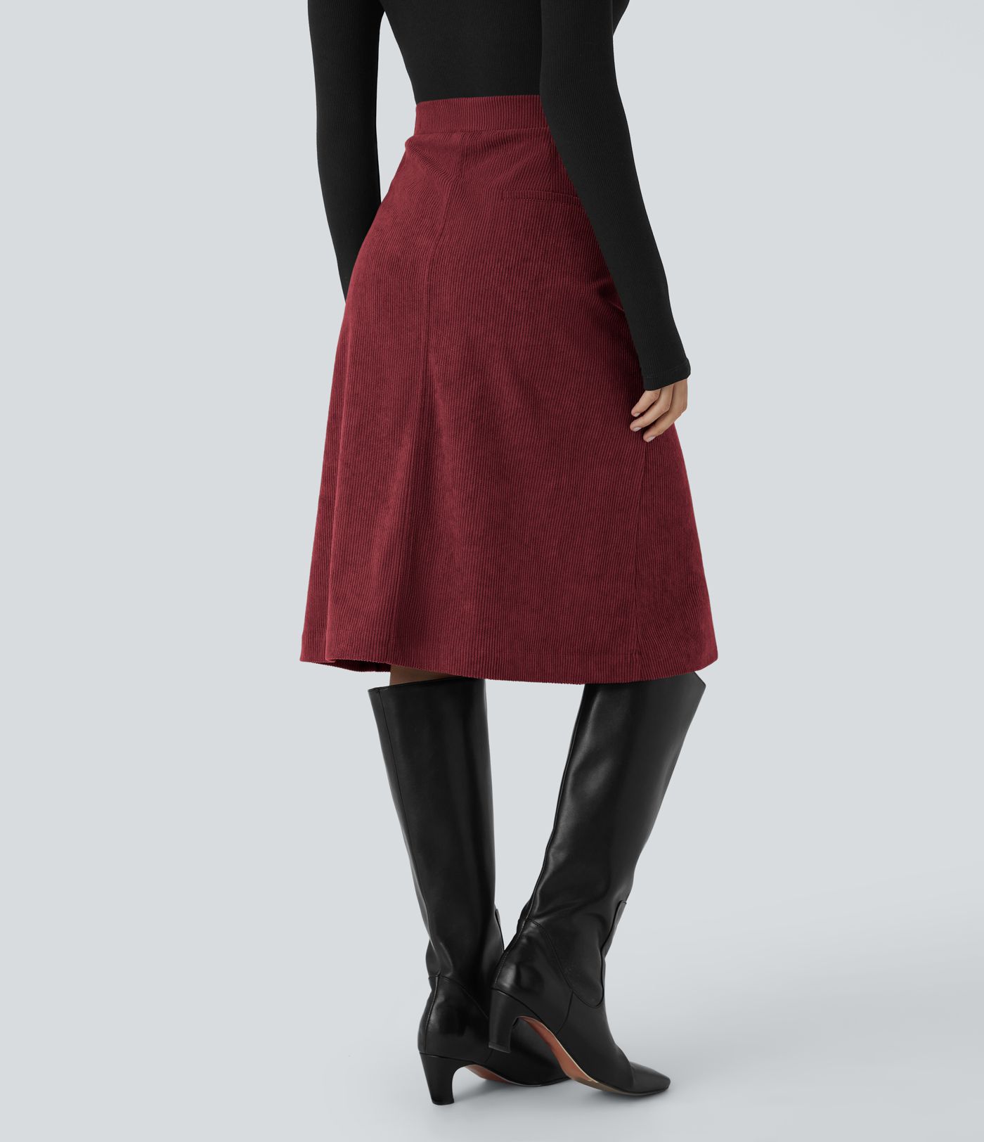 Mid Rise Front Side Flap Pocket Midi Corduroy Casual Skirt