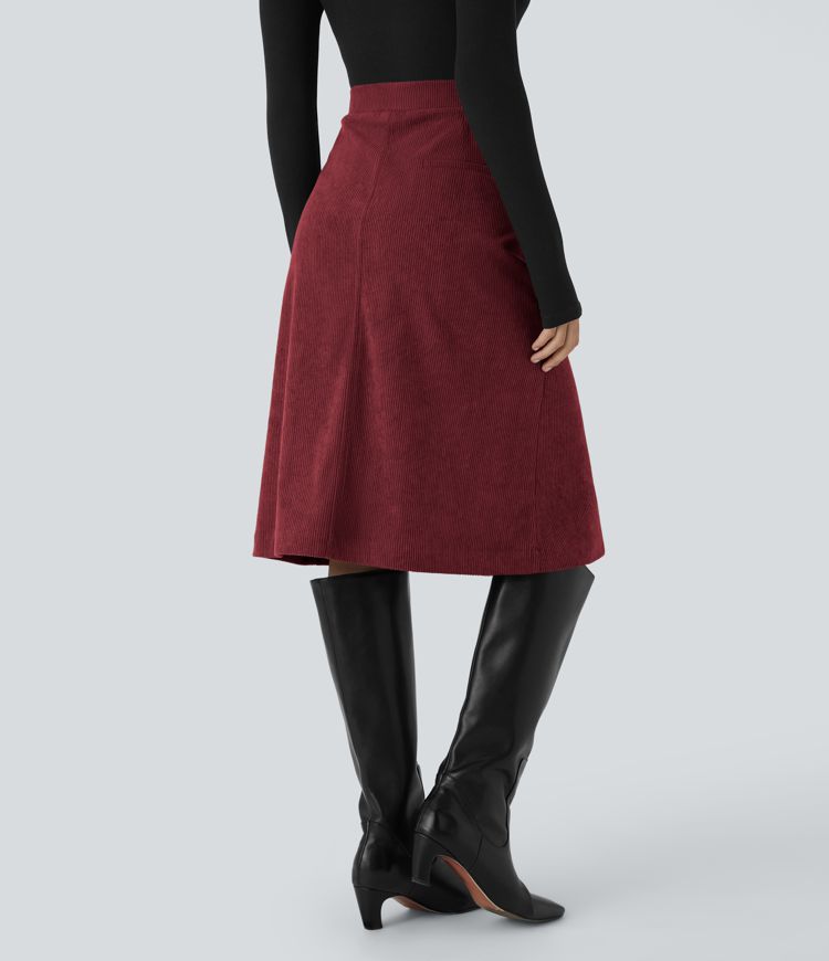 Mid Rise Front Side Flap Pocket Midi Corduroy Casual Skirt