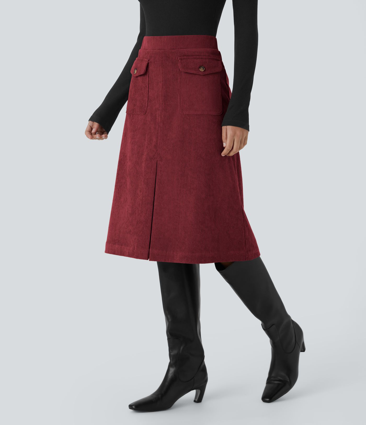Mid Rise Front Side Flap Pocket Midi Corduroy Casual Skirt