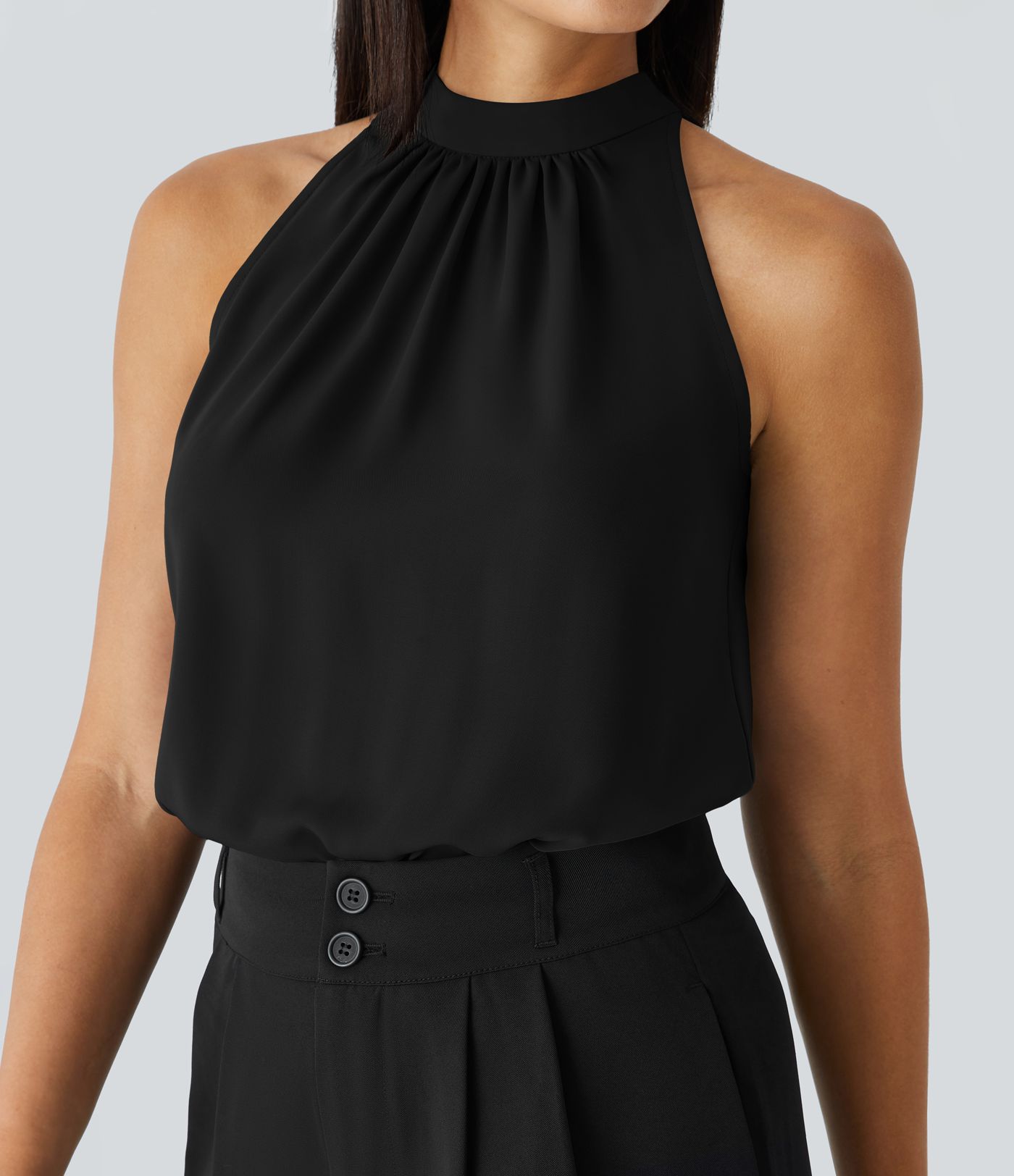 Keyhole Back Halter Sleeveless Curved Hem Work Blouse