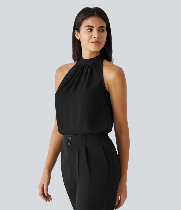 Blouse Travail Sans Manches Ourlet Courbé Col Haut Découpe au Dos Plis