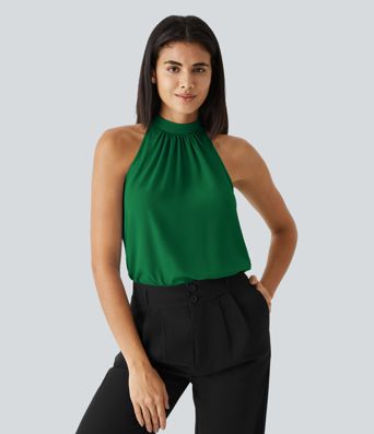 Keyhole Back Halter Sleeveless Curved Hem Work Blouse