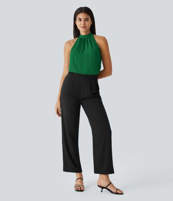 Keyhole Back Halter Sleeveless Curved Hem Work Blouse