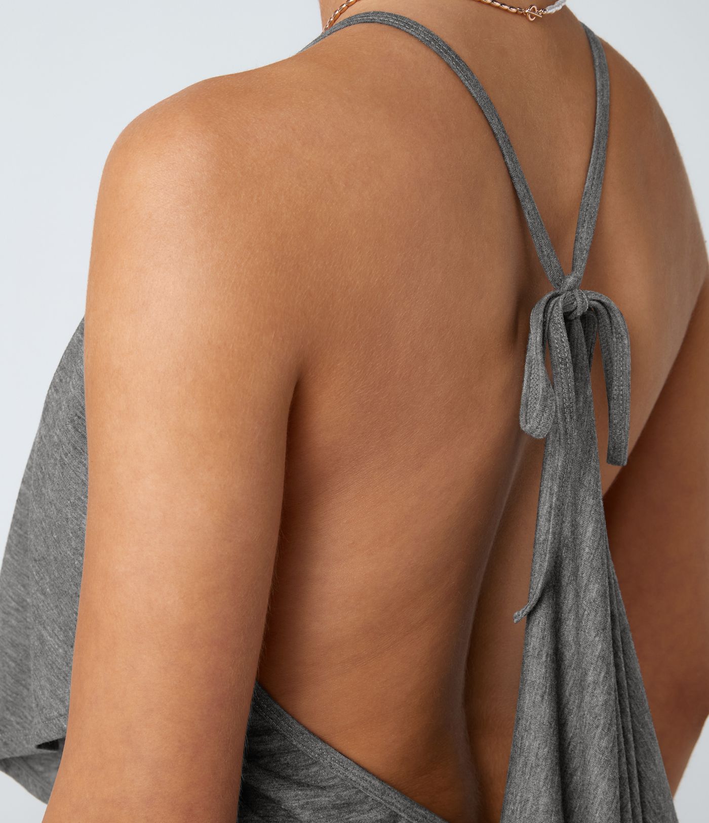 V Neck Backless Tie Back Ruched Maxi Resort Slip Dress