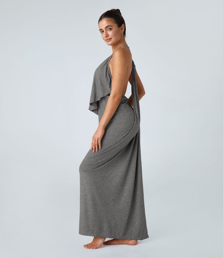 V Neck Backless Tie Back Ruched Maxi Resort Slip Dress