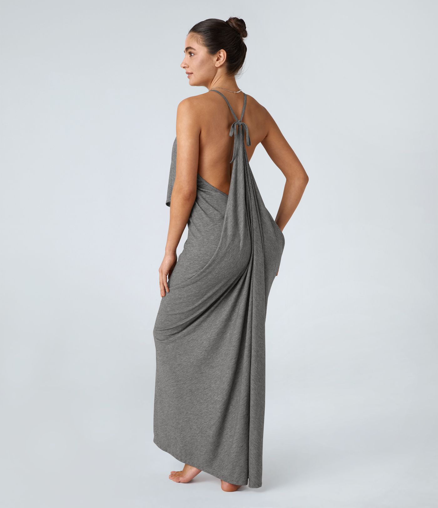 V Neck Backless Tie Back Ruched Maxi Resort Slip Dress