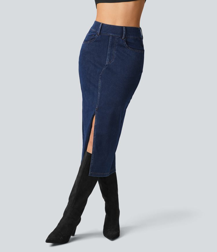 Halara Flex™ Jupe en Jean Midi Casual Tricot Extensible Taille Haute Poches Multiples