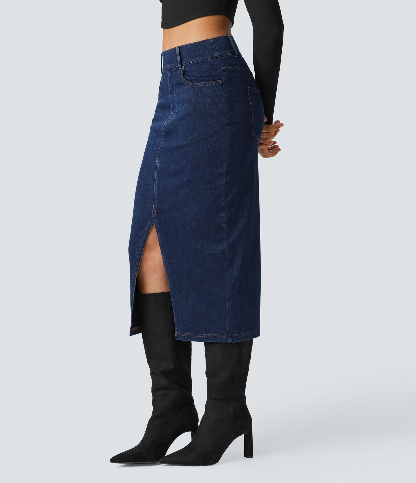 Halara Flex™ Falda Midi Casual de Mezclilla Bodycon con Bolsillos de Cintura Alta