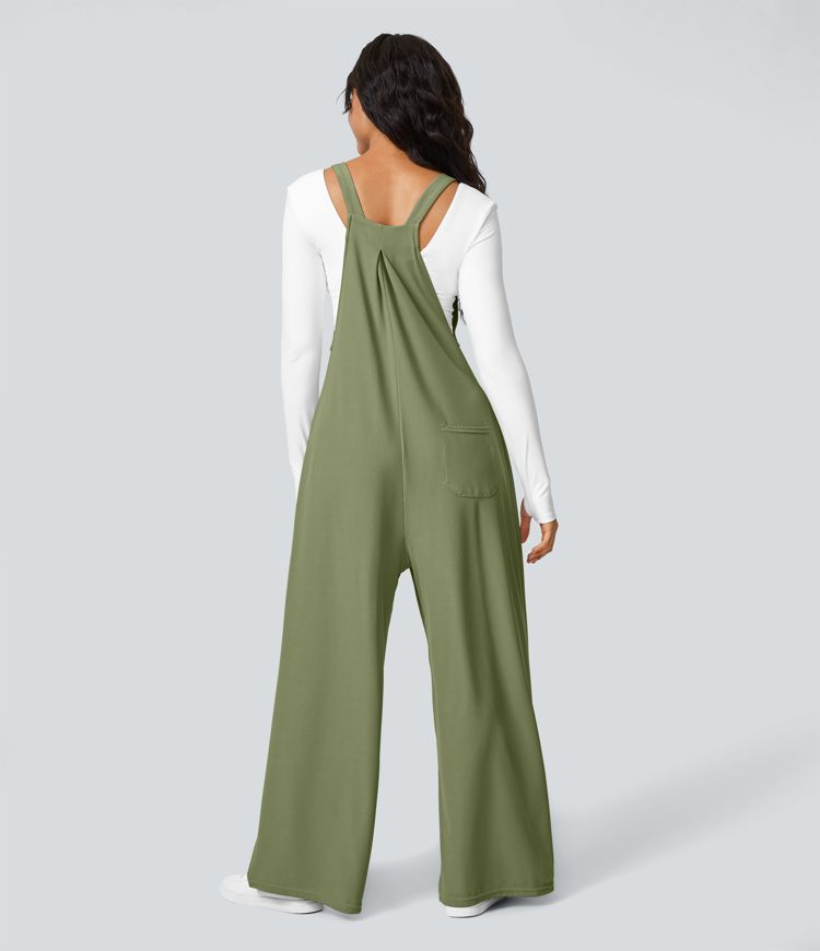 Adjustable Strap Button Multiple Pockets Plicated Waffle Casual Overalls
