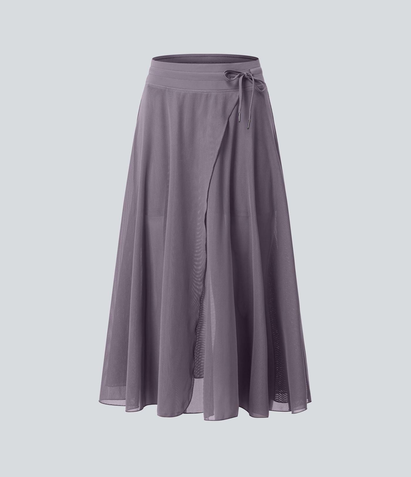 High Waisted Drawstring Contrast Mesh 2-in-1 Pocket Flowy Midi Flare Casual Skirt