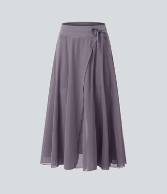 High Waisted Drawstring Contrast Mesh 2-in-1 Pocket Flowy Midi Flare Casual Skirt