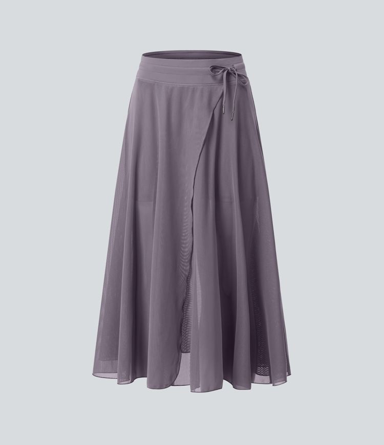 High Waisted Drawstring Contrast Mesh 2-in-1 Pocket Flowy Midi Flare Casual Skirt