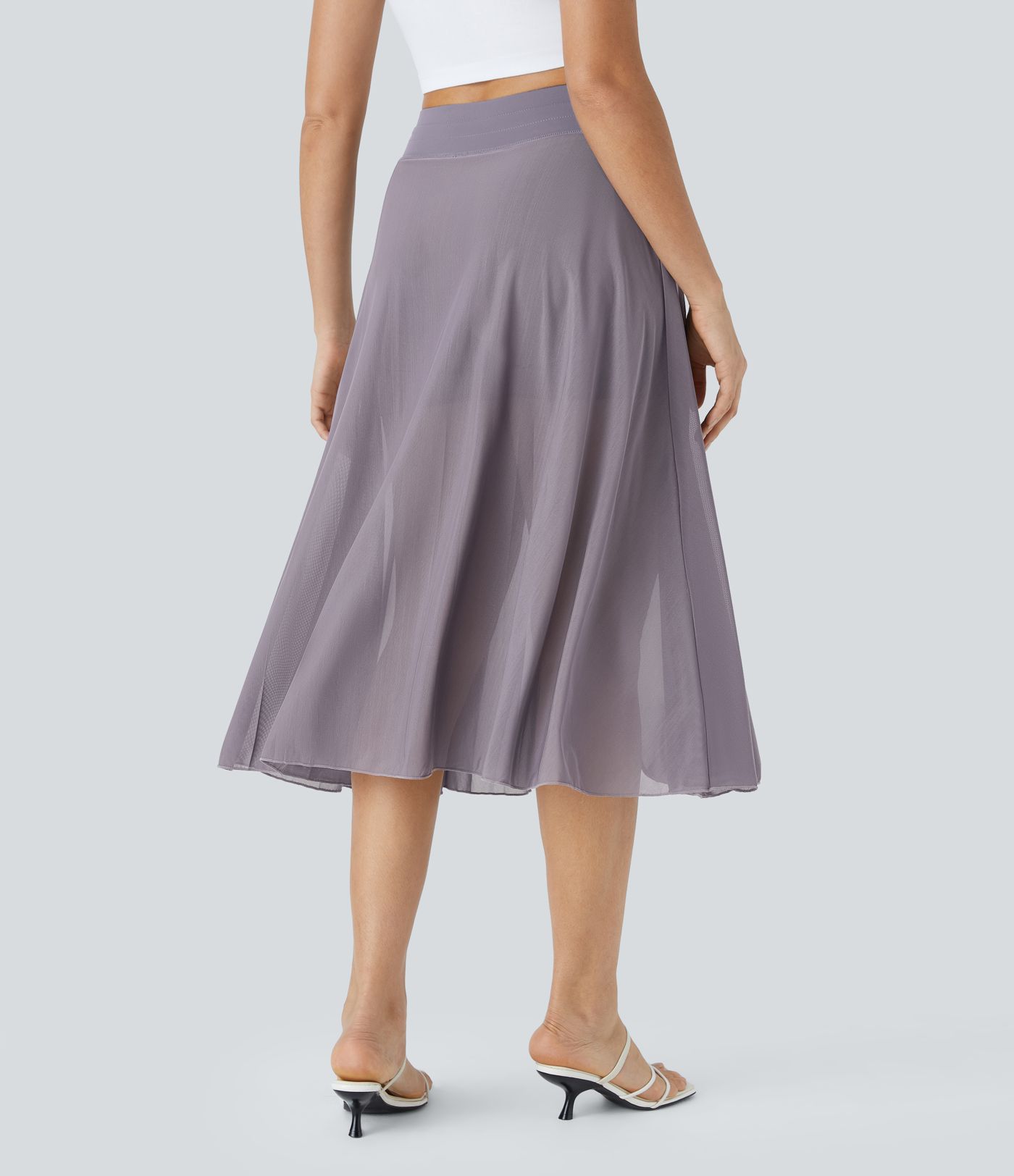 High Waisted Drawstring Contrast Mesh 2-in-1 Pocket Flowy Midi Flare Casual Skirt