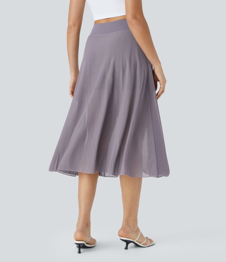 High Waisted Drawstring Contrast Mesh 2-in-1 Pocket Flowy Midi Flare Casual Skirt