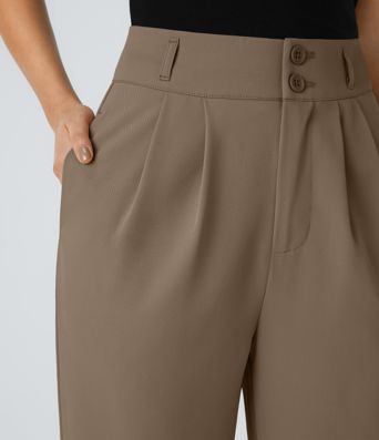 High-waisted office trousers with button, zip, side pocket, gathered, straight leg