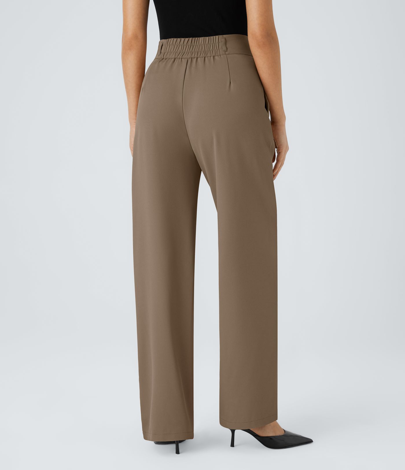 High-waisted office trousers with button, zip, side pocket, gathered, straight leg