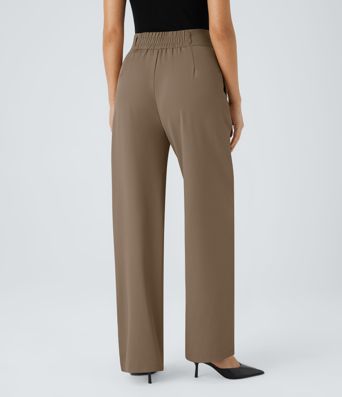 High-waisted office trousers with button, zip, side pocket, gathered, straight leg