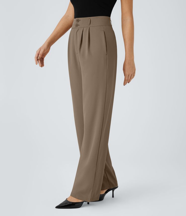 High-waisted office trousers with button, zip, side pocket, gathered, straight leg