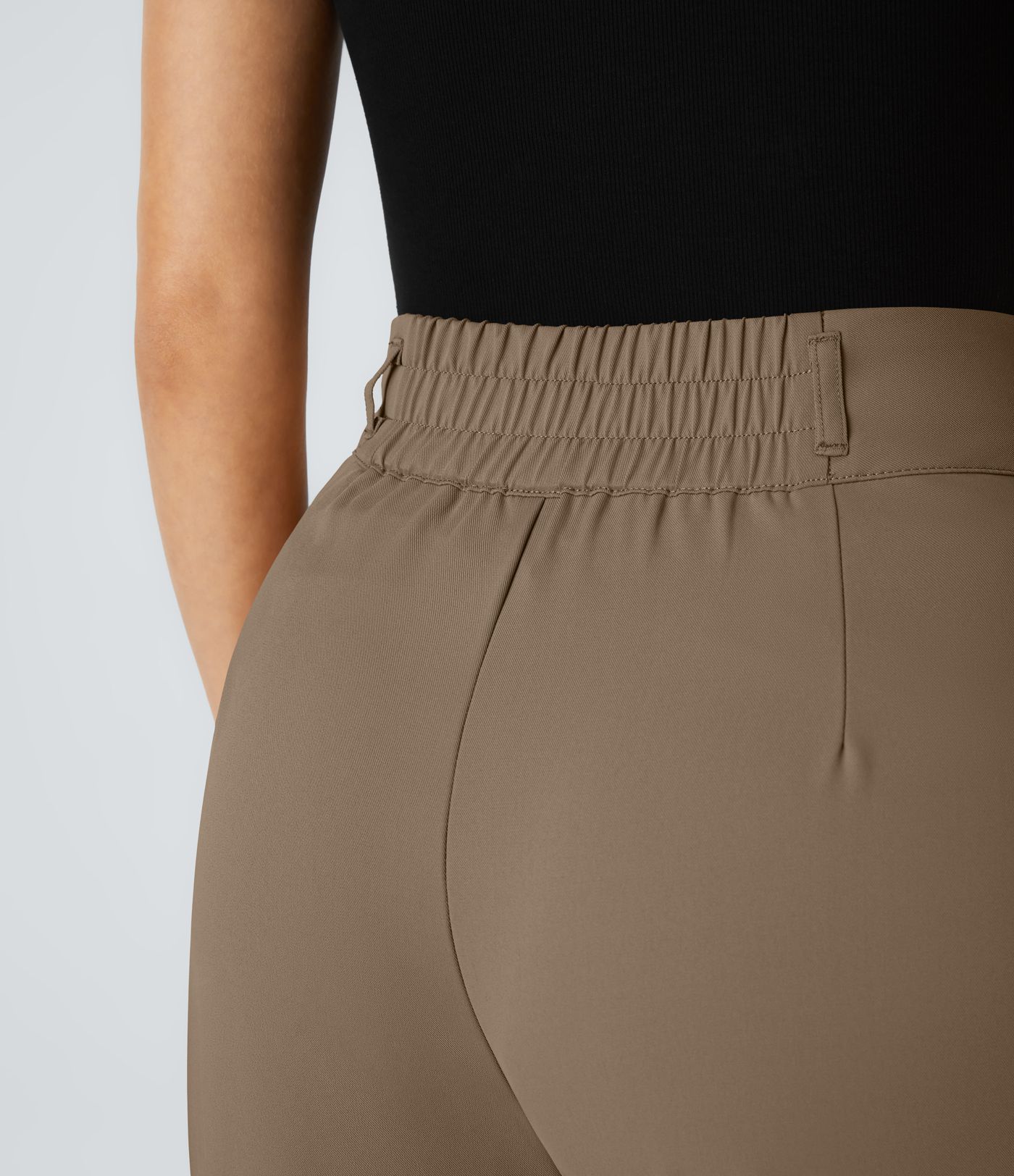 High-waisted office trousers with button, zip, side pocket, gathered, straight leg