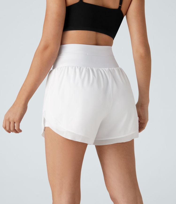 Breezeful™ High Waisted Pocket Contrast Mesh Curved Hem 2-in-1 Quick Dry Running Shorts