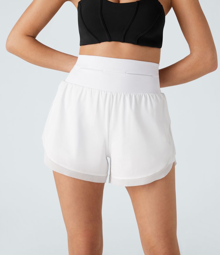 Breezeful™ High Waisted Pocket Contrast Mesh Curved Hem 2-in-1 Quick Dry Running Shorts