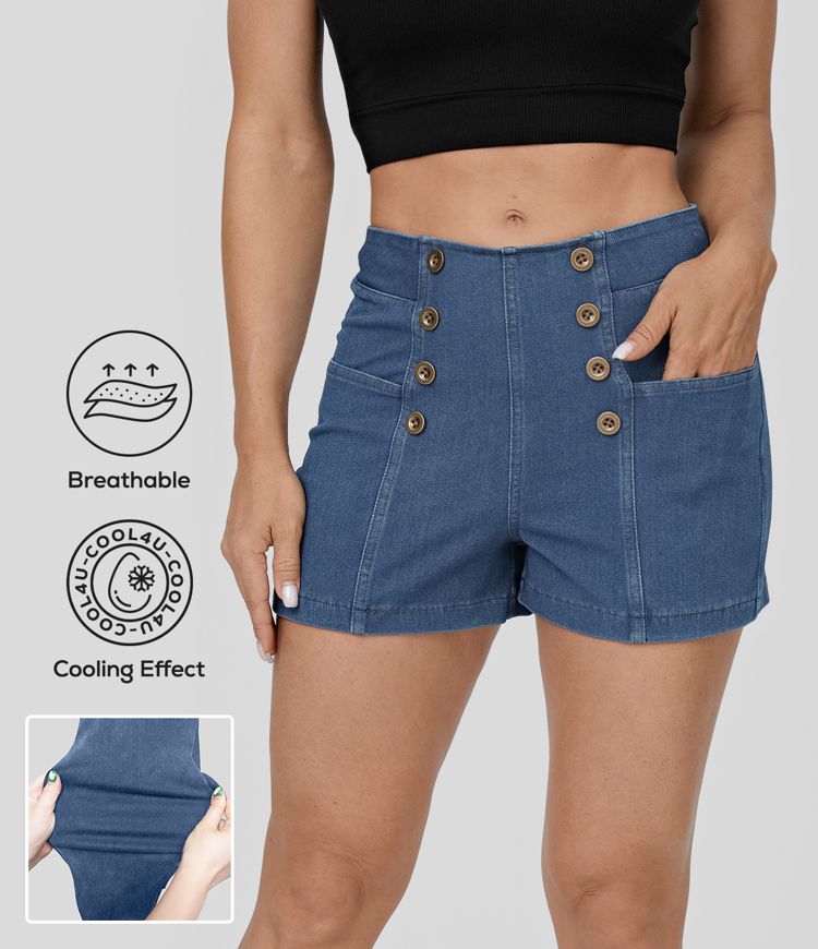 Halara Flex™ Short 2,5" en Denim Tricot Extensible Lavé Respirant à Taille Haute avec Boutons et Multiples Poches Toucher Frais