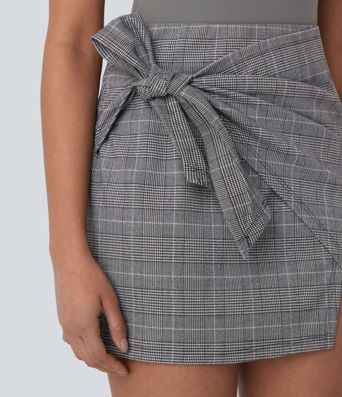 High Waisted Tie Side 2-in-1 Houndstooth Mini Work Skirt