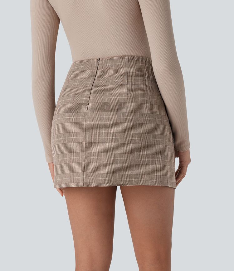 High Waisted Tie Side Invisible Zipper 2-in-1 Houndstooth Mini Work Skirt