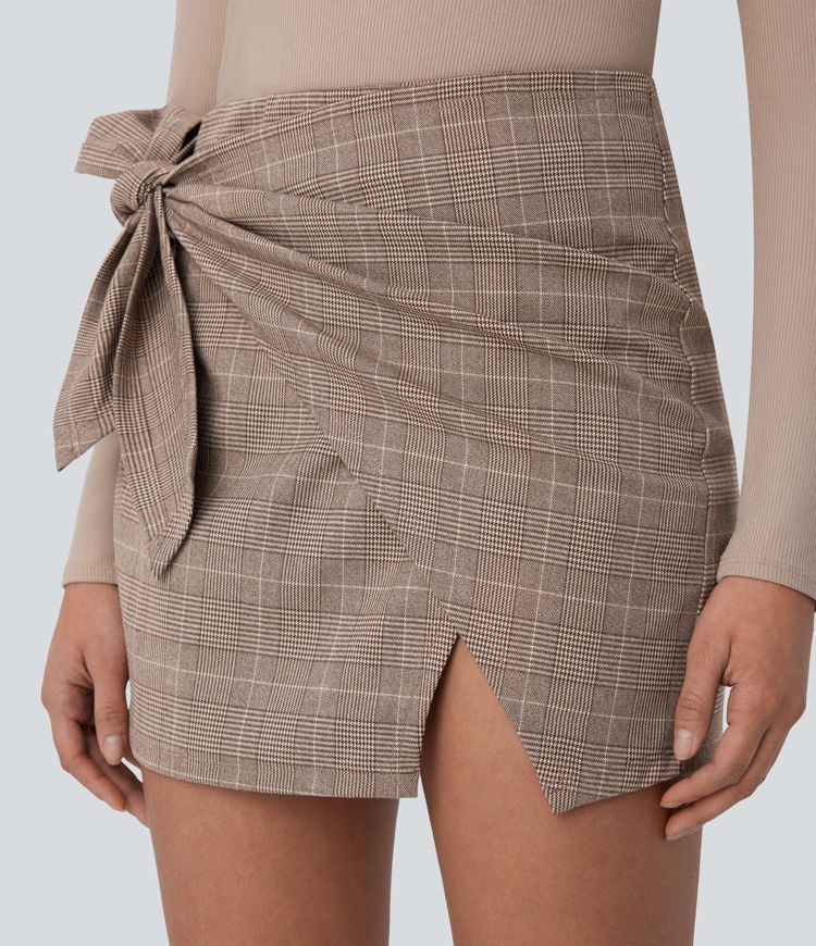High Waisted Tie Side 2-in-1 Houndstooth Mini Work Skirt