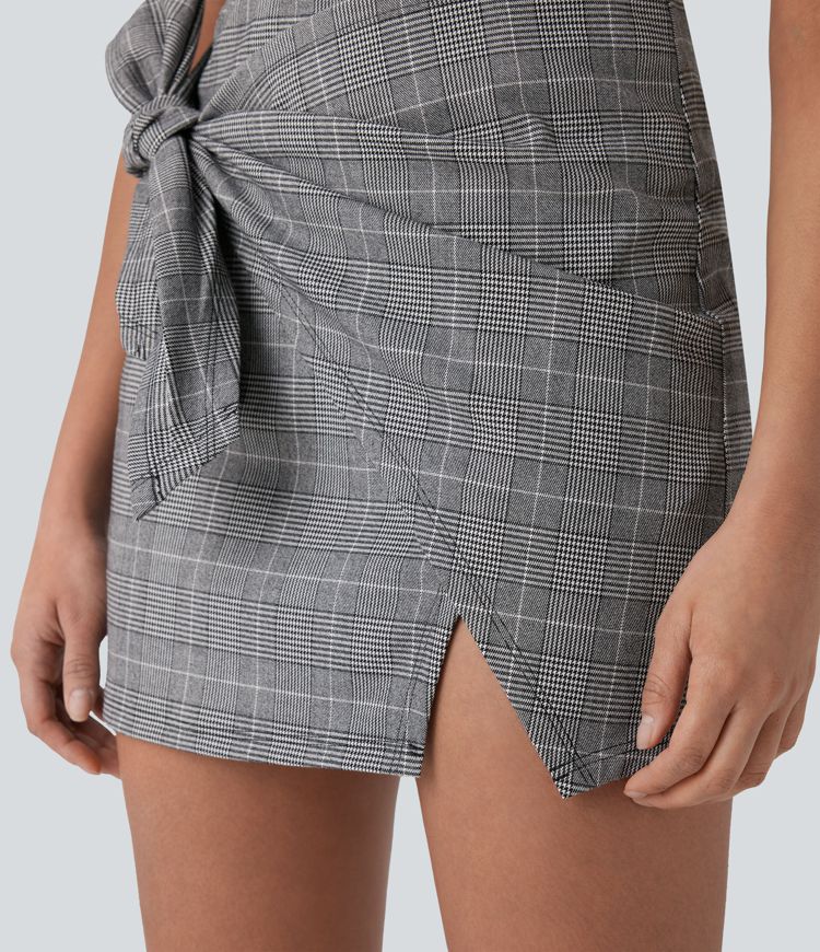 High Waisted Tie Side 2-in-1 Houndstooth Mini Work Skirt
