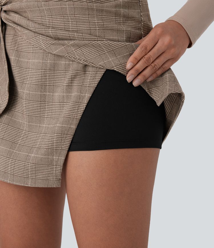 High Waisted Tie Side 2-in-1 Houndstooth Mini Work Skirt