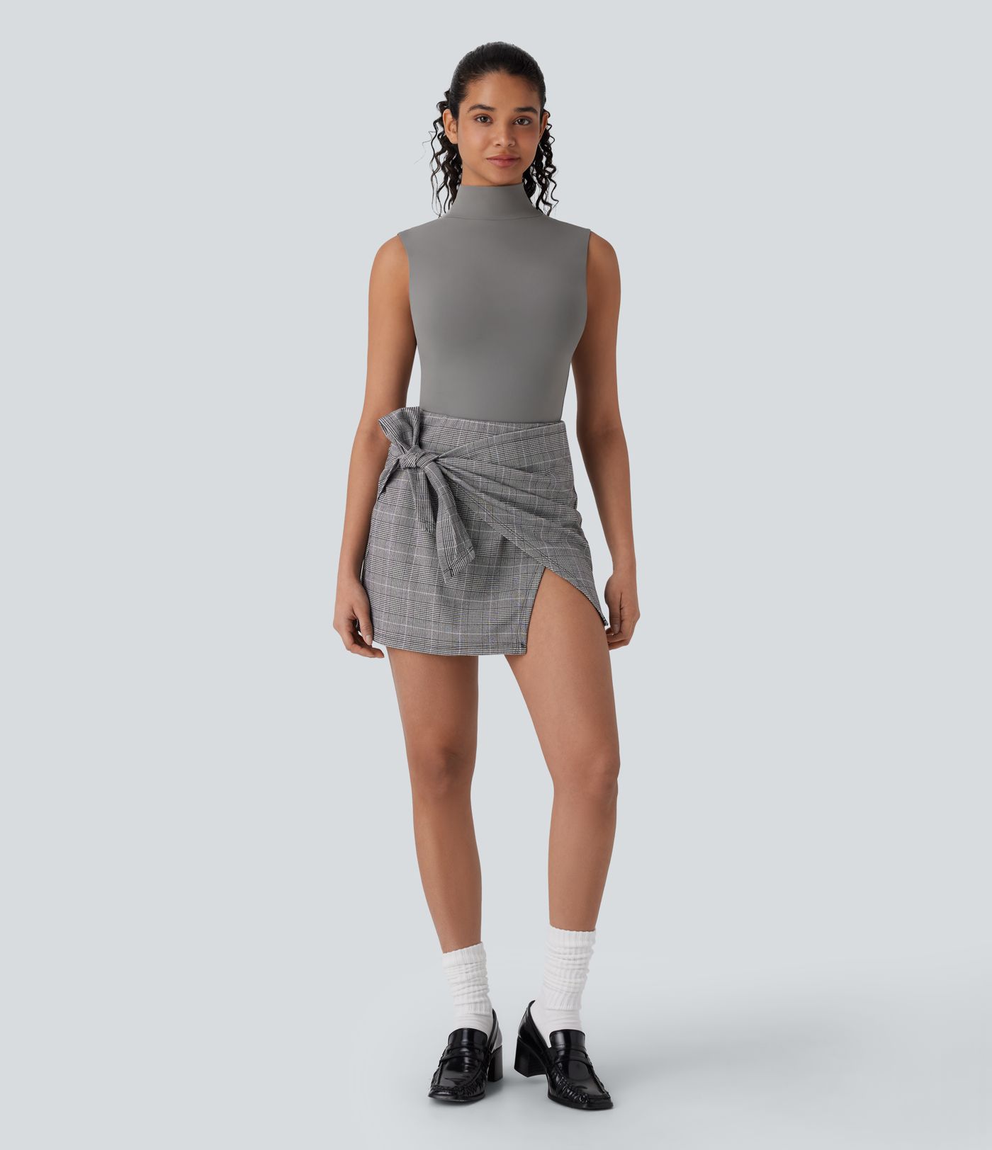 High Waisted Tie Side 2-in-1 Houndstooth Mini Work Skirt