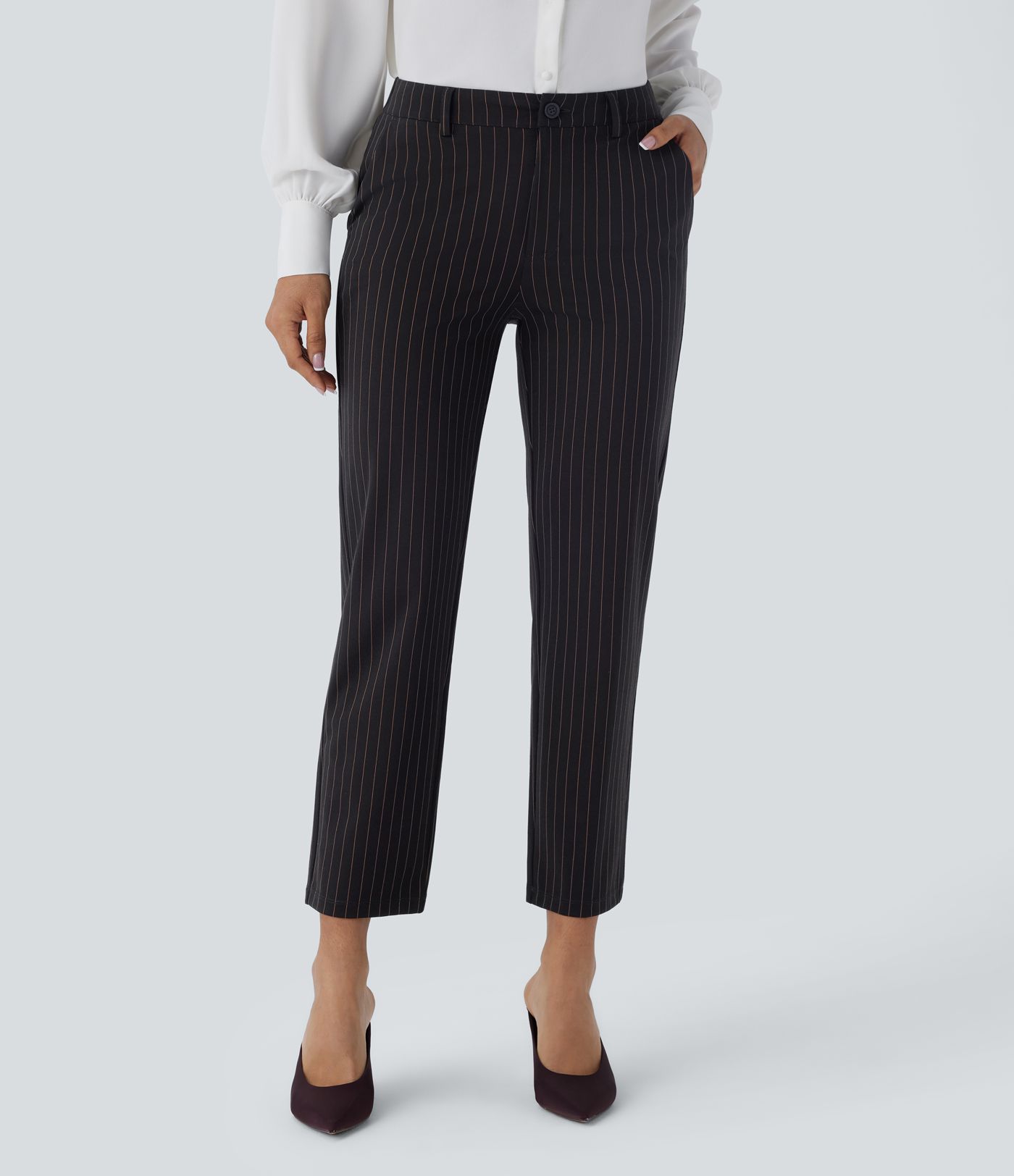 Mid Rise Side Pocket Ankle Length Straight Leg  Stripe Work Trousers