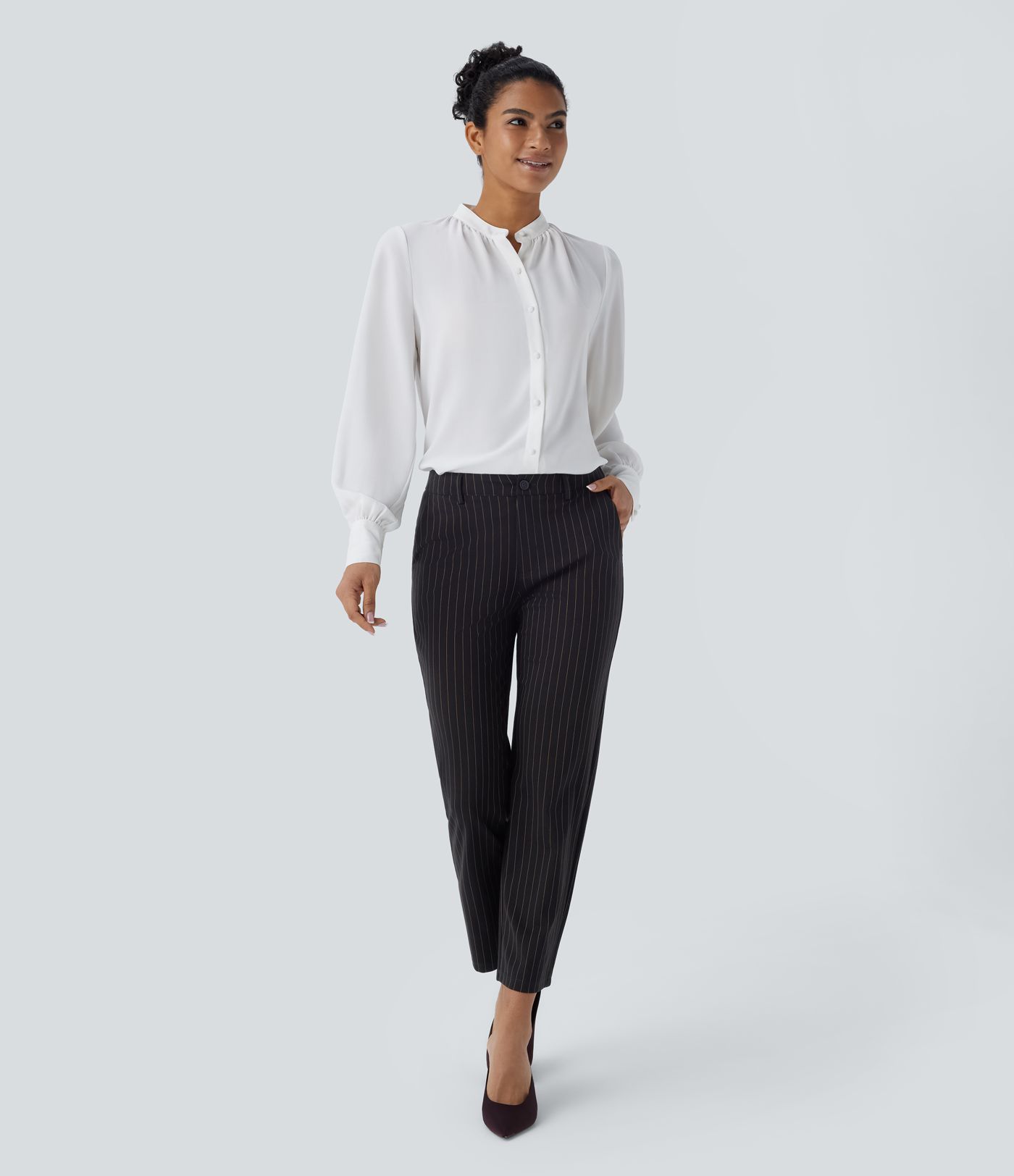 Mid Rise Side Pocket Ankle Length Straight Leg  Stripe Work Trousers