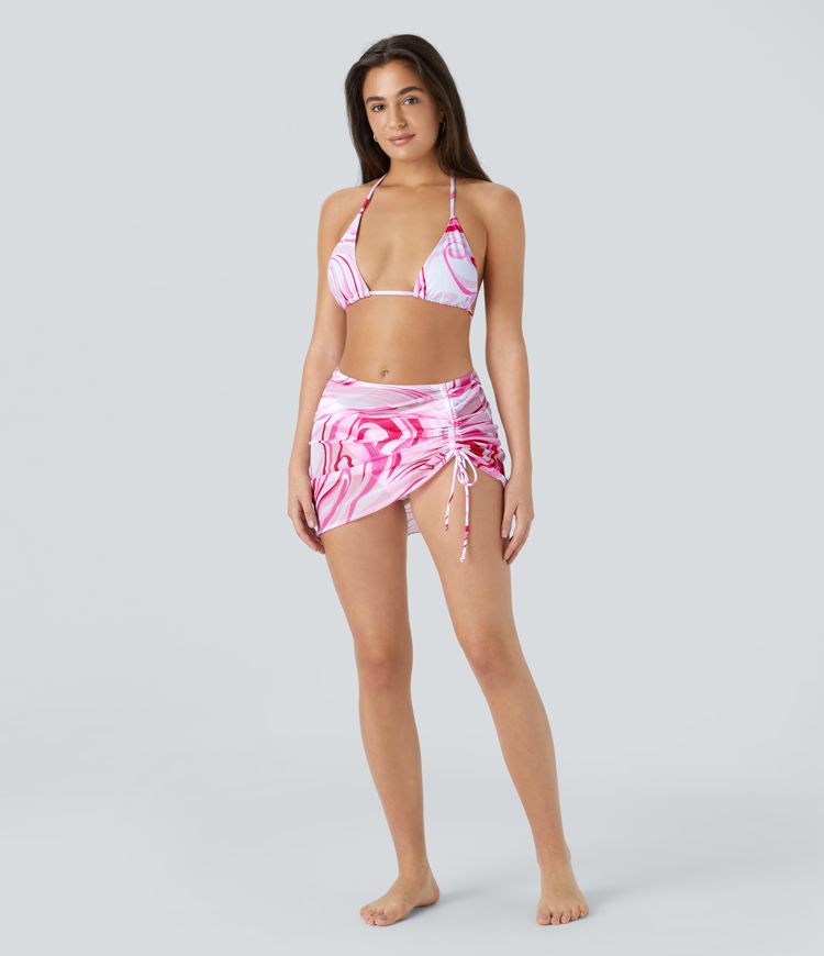 Geometric Pattern Print Back Side Tie Drawstring 3-Piece Swimsuit