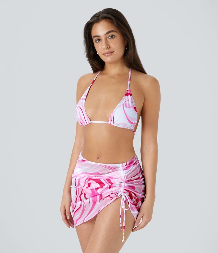 Geometric Pattern Print Back Side Tie Drawstring 3-Piece Swimsuit