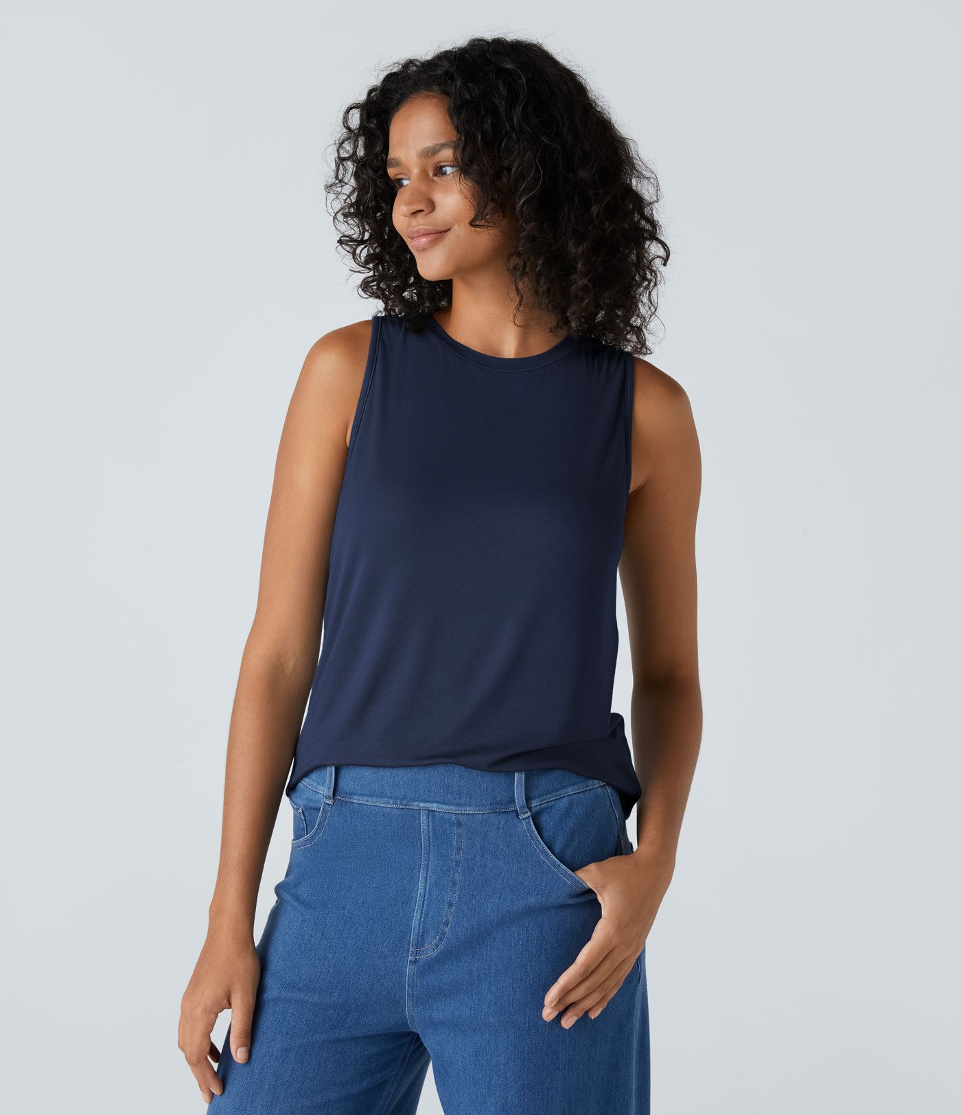 Débardeur Basique Décontracté Col Rond Côtelé