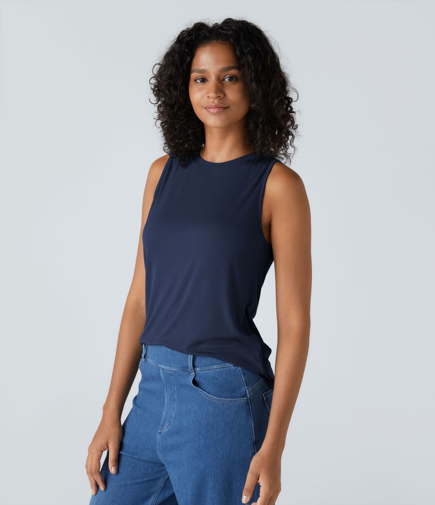 Débardeur Basique Décontracté Col Rond Côtelé