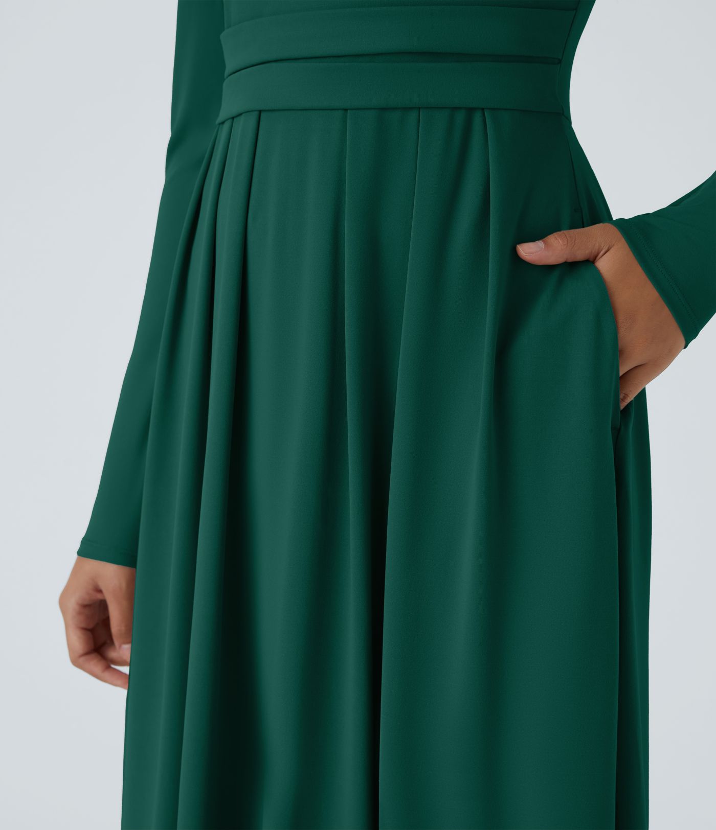 Mock-neck Long Sleeve Pocket Flare Maxi Casual Dress