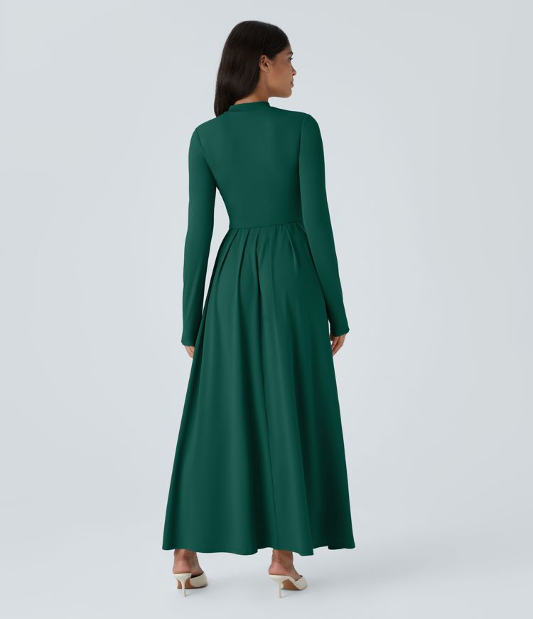 Mock-neck Long Sleeve Pocket Flare Maxi Casual Dress