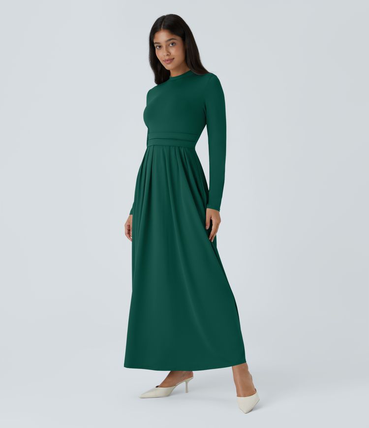 Mock-neck Long Sleeve Pocket Flare Maxi Casual Dress