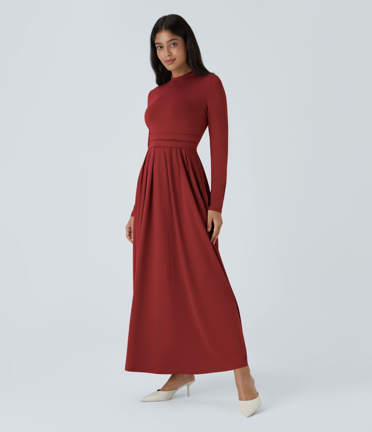 Mock-neck Long Sleeve Pocket Flare Maxi Casual Dress